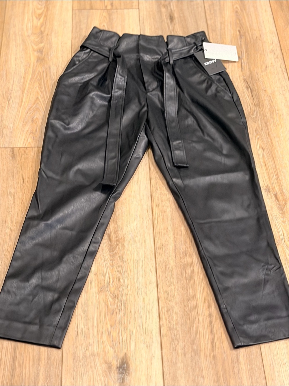 DKNY Women’s  Black Faux Leather Paperbag Waist Pants